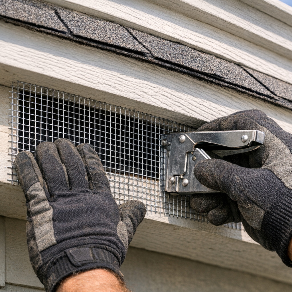 Technician sealing wildlife entry points on residential home